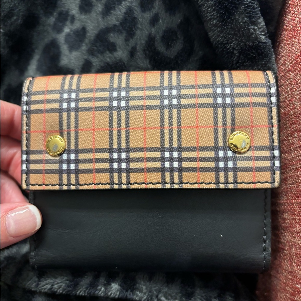 Burberry Leather Plaid Print Compact Wallet
